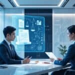 A professional digital illustration of a lawyer using AI software for contract automation and legal document analysis in a modern law firm, with text “2025’s Best Legal AI Tools – Automate Documents, Contracts & Casework.