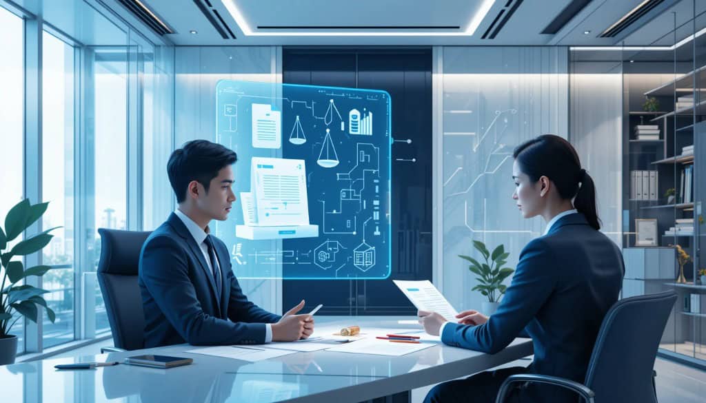 A professional digital illustration of a lawyer using AI software for contract automation and legal document analysis in a modern law firm, with text “2025’s Best Legal AI Tools – Automate Documents, Contracts & Casework.